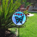 Blue butterfly stained glass garden stake