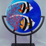 Round glass art plate with two tropical fish