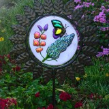Stained glass garden stake with butterfly and flowers