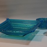 Blue fused glass square tray and bowls